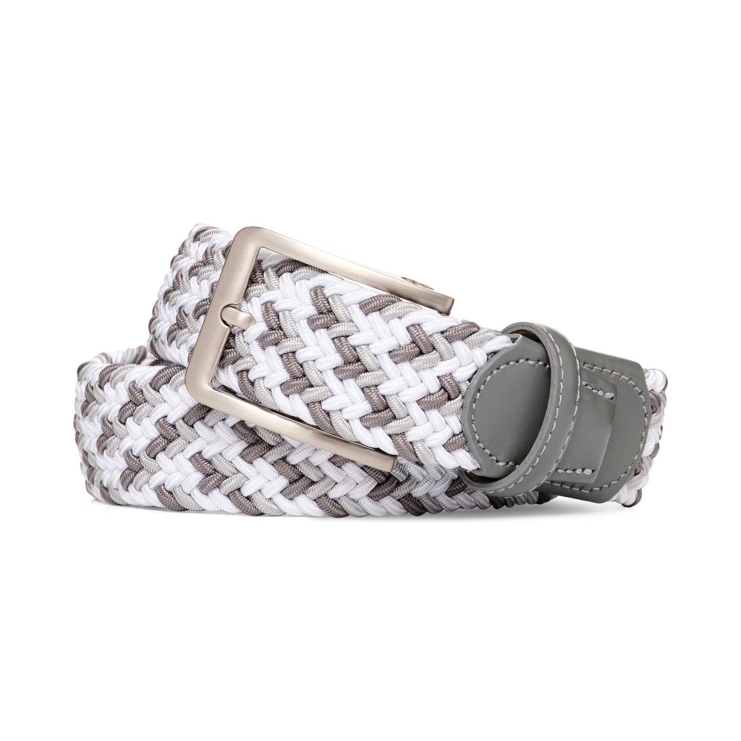 A woven mens belt with a white and gray pattern, a silver-tone metal buckle, and a gray leather loop