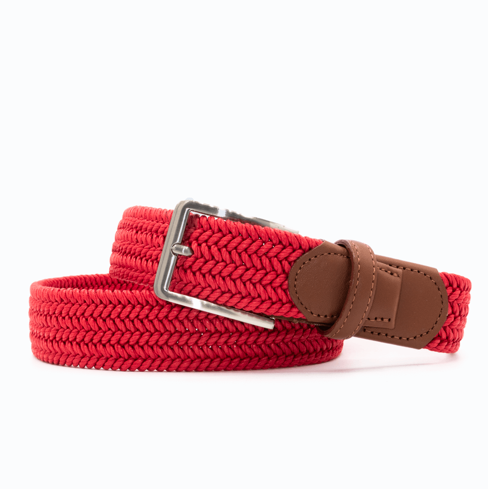 Terra red men's woven belt with silver buckle