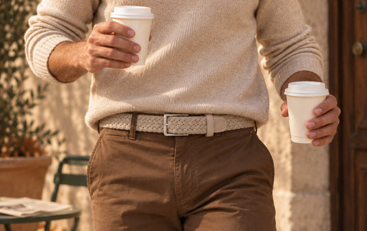 Man wearing a light suede belt with beige chinos, a white shirt, and a neutral sweater for an elevated casual look