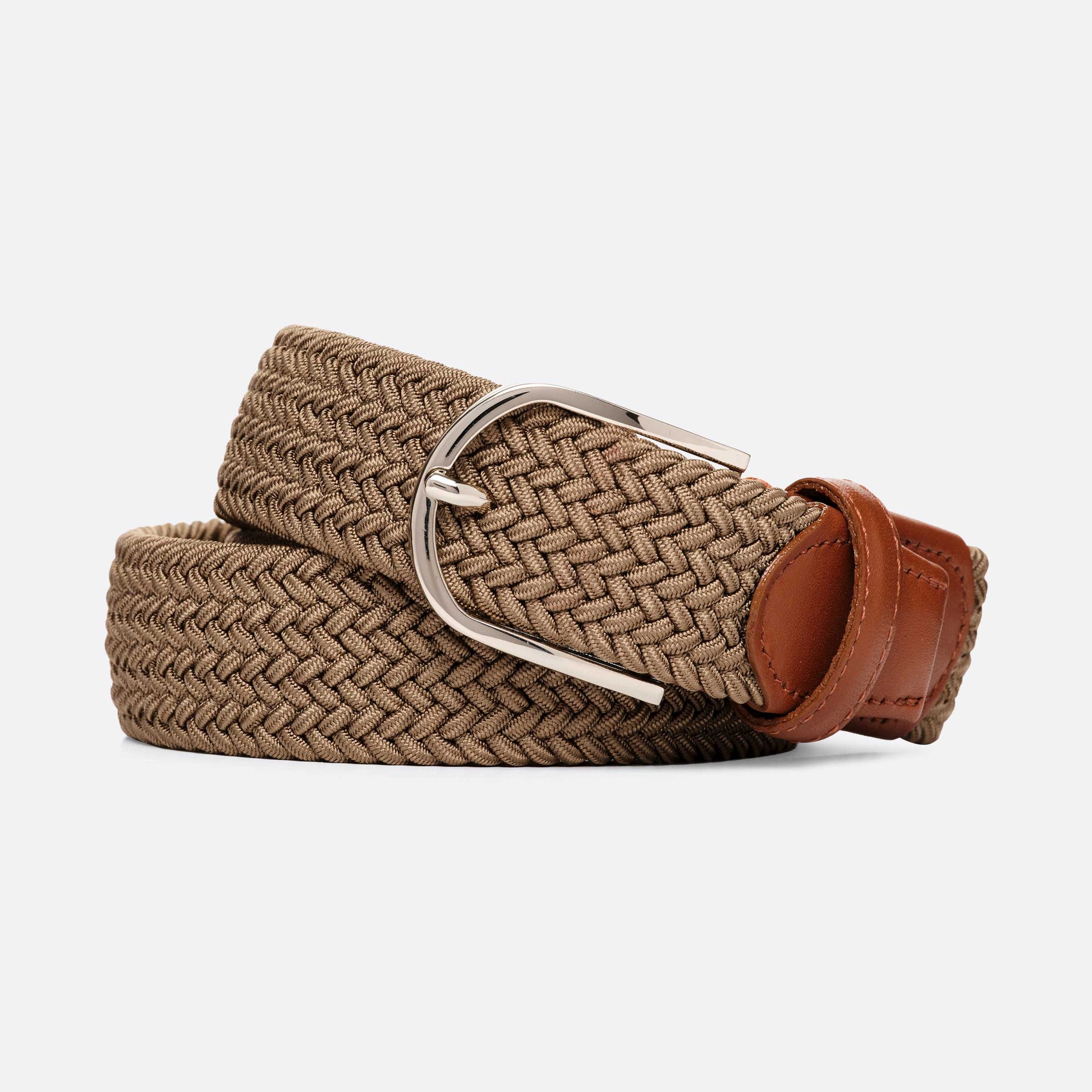 Brown woven mens belt with a silver buckle and brown leather strap