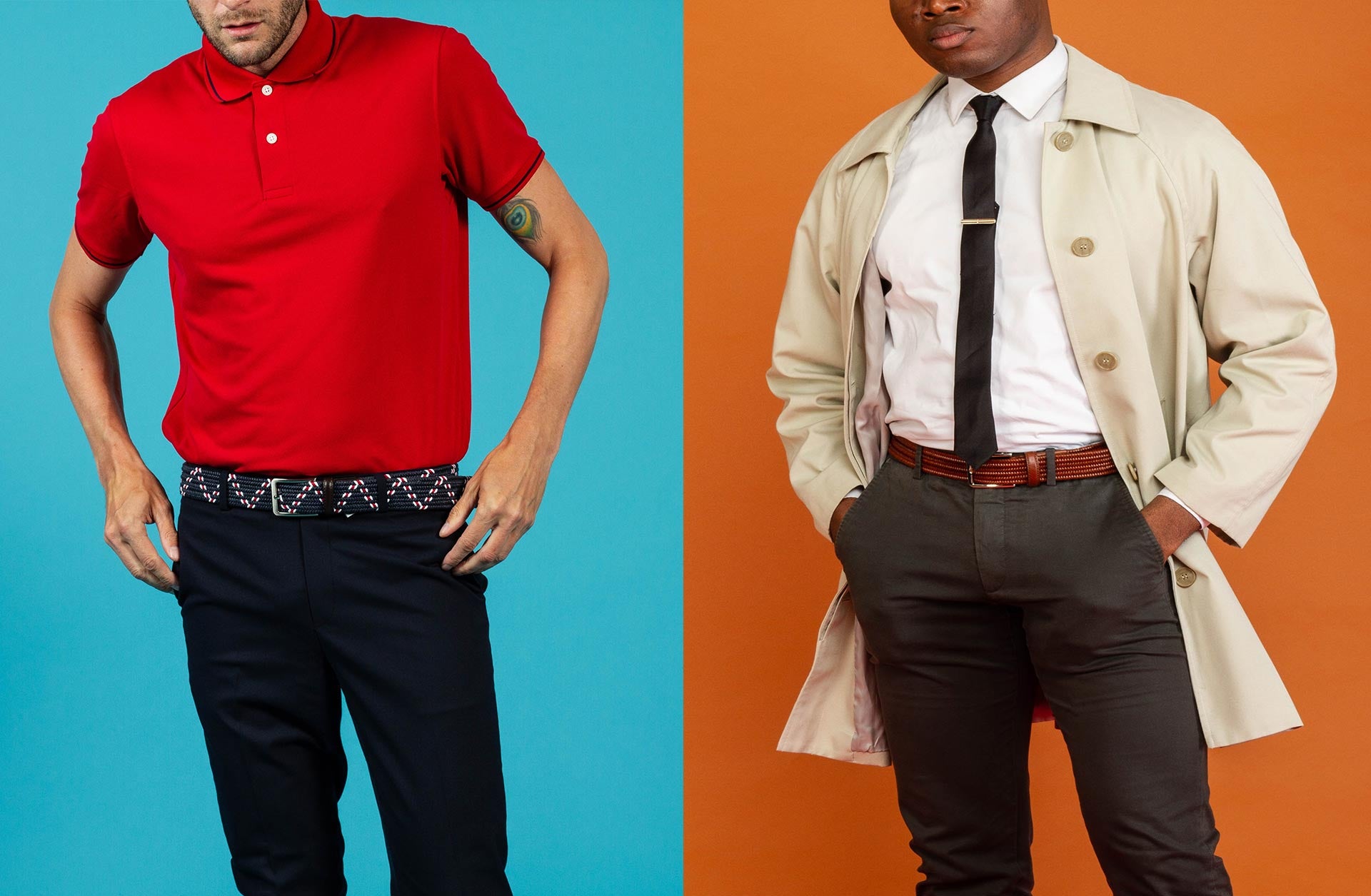 Two men wearing Beltology men's belts in different outfits against a split background of blue and orange