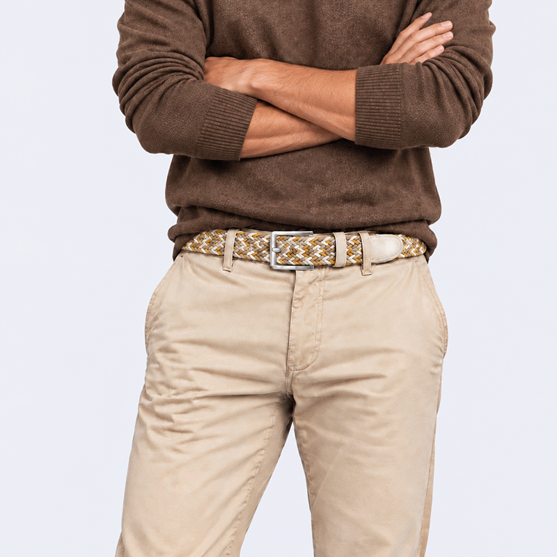 Beige and yellow Chaos men’s woven belt with leather trim and a metal buckle