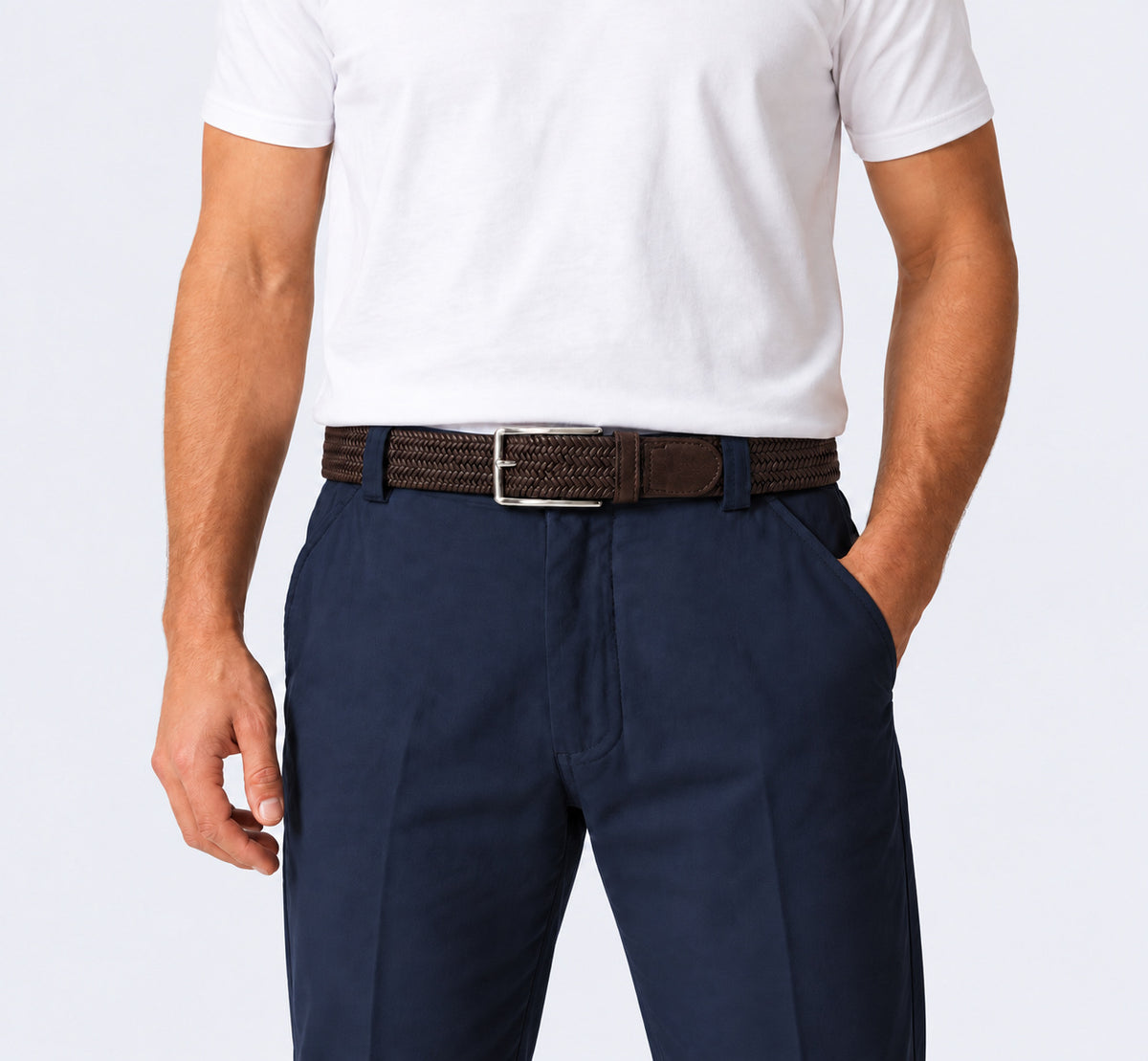 Brown Litmus men’s braided leather belt with a refined woven finish and polished buckle