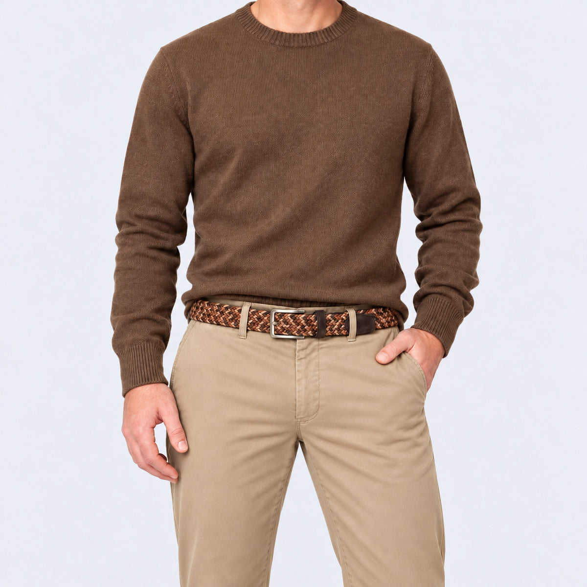 Brown Chaos men’s woven belt with tonal detailing, leather trim and a metal buckle