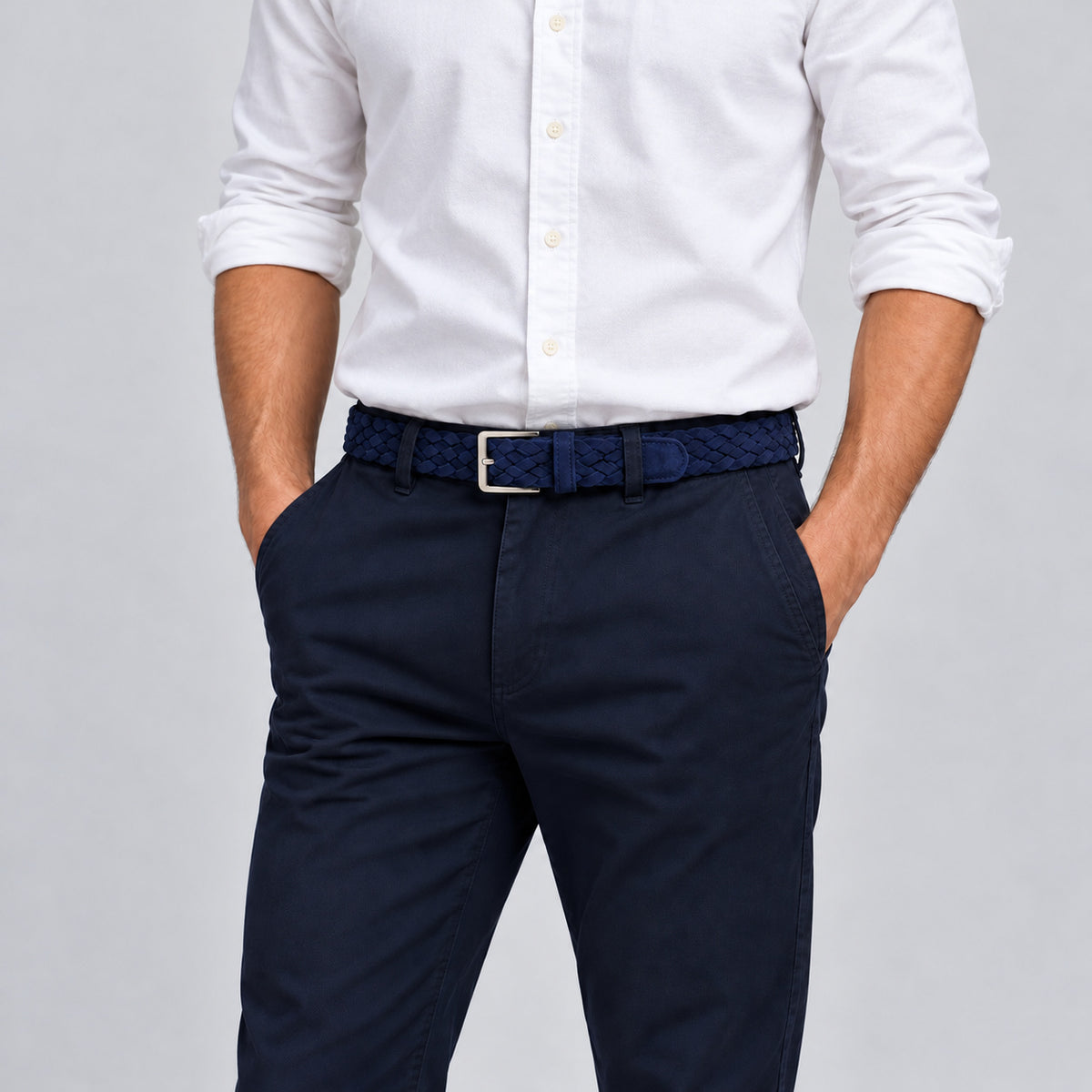 Navy Newton men’s suede belt with woven texture and a polished metal buckle