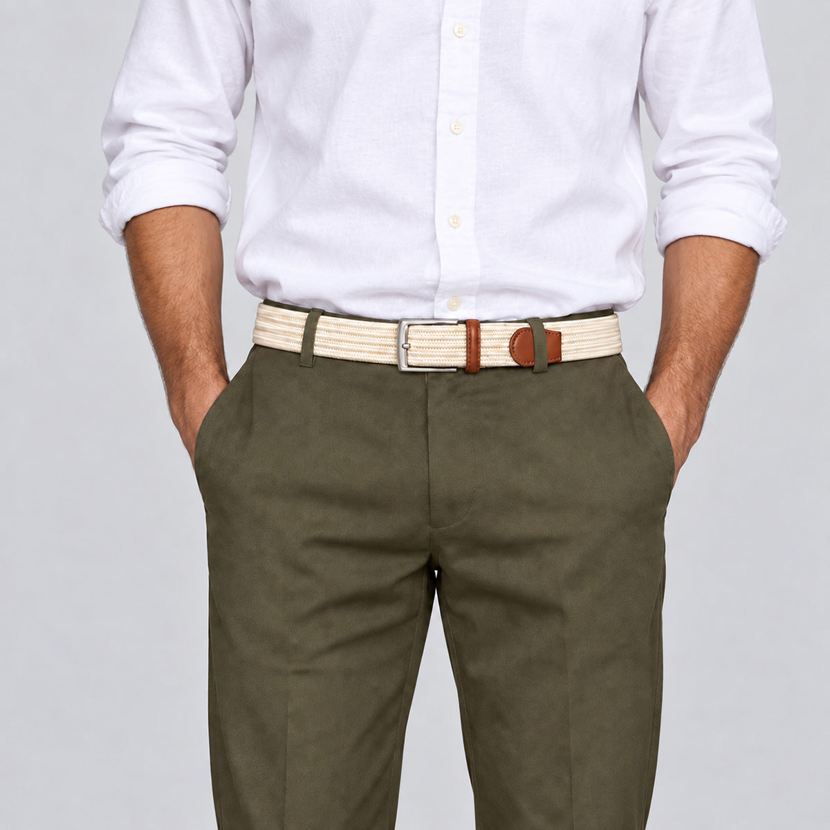 Cream Control men’s woven belt with leather detailing and a polished metal buckle