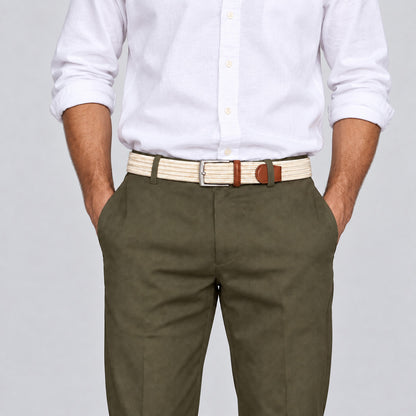 Cream Control men’s woven belt with leather detailing and a polished metal buckle