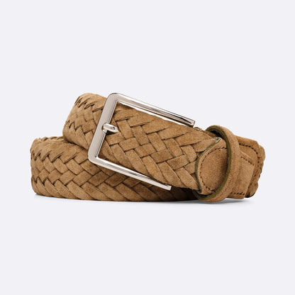 Brown woven mens belt with a silver buckle