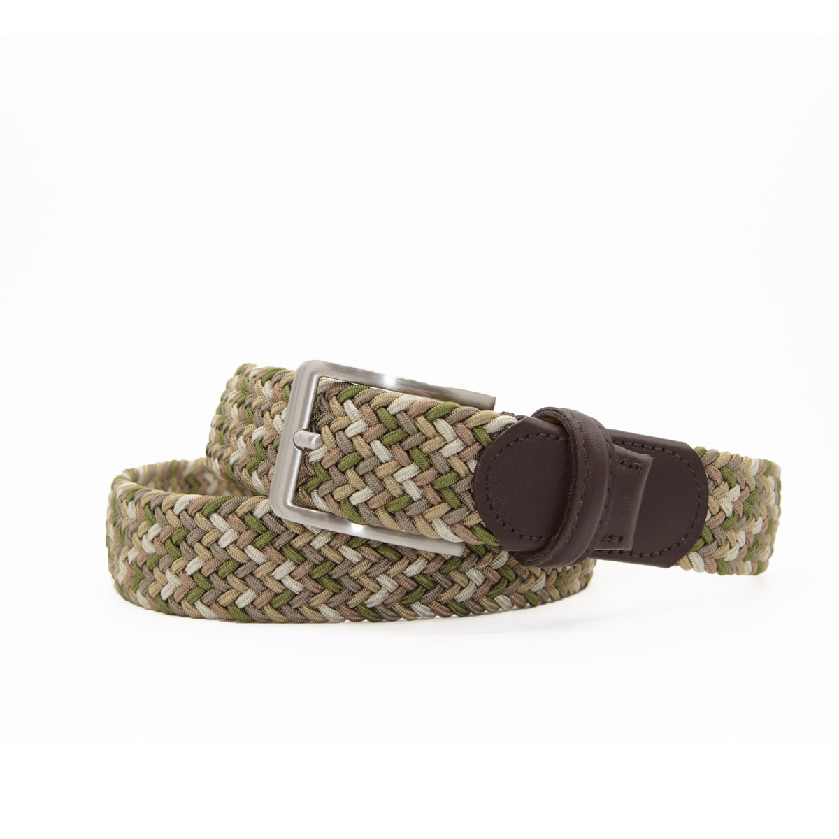Angled view of the Chaos Khaki Grey Green men’s woven belt showing the multicolor weave, leather trim and silver buckle