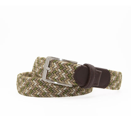 Angled view of the Chaos Khaki Grey Green men’s woven belt showing the multicolor weave, leather trim and silver buckle