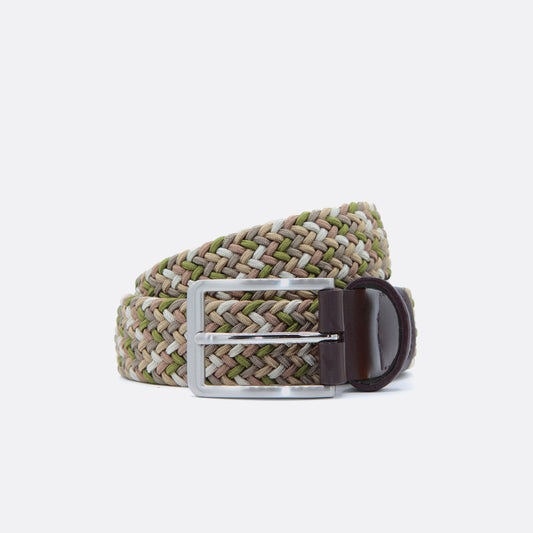 Chaos Khaki Grey Green men’s woven belt with brown leather trim and a silver buckle