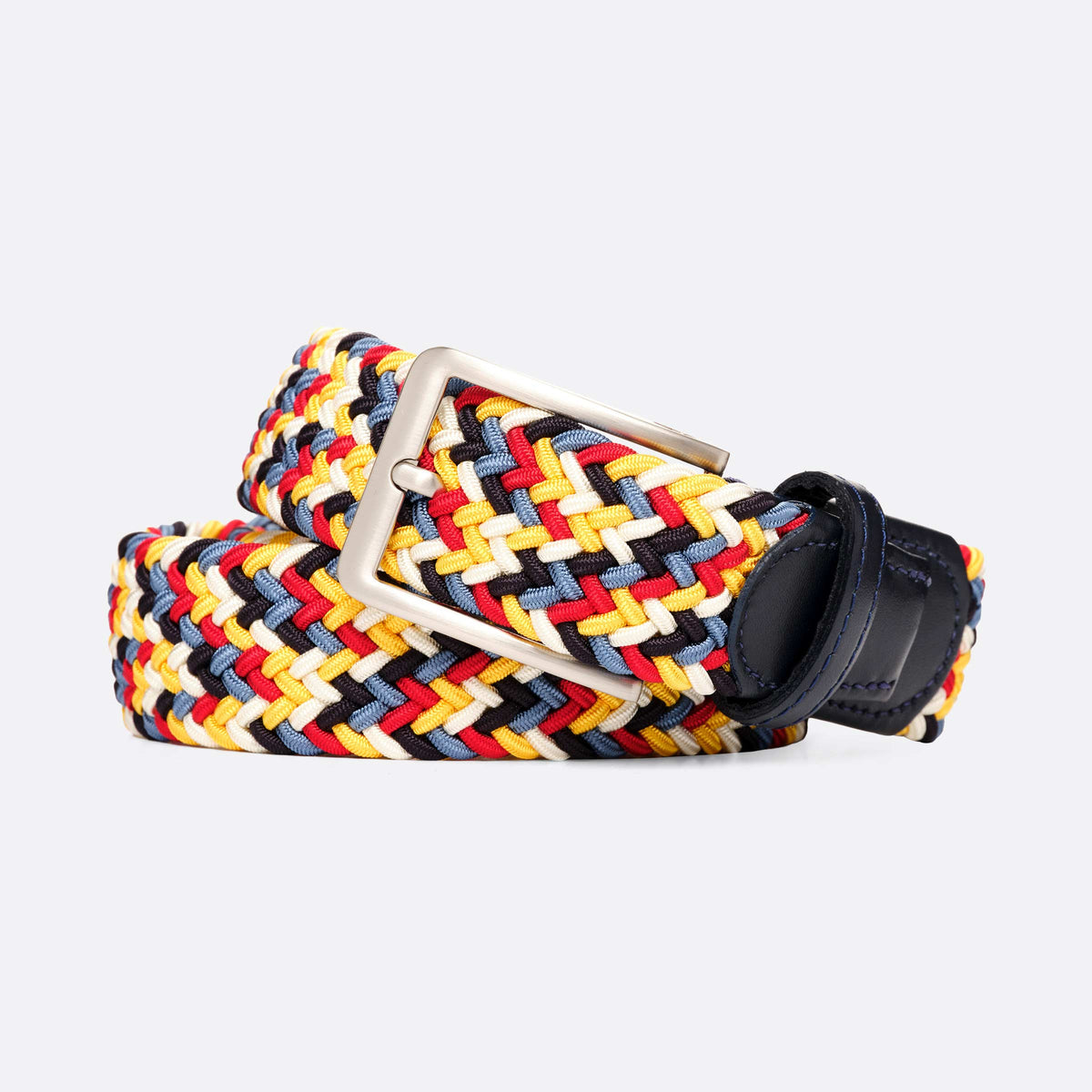 Colorful woven mens belt with a silver buckle