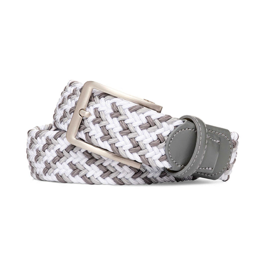 A woven mens belt with a white and gray pattern, a silver-tone metal buckle, and a gray leather loop
