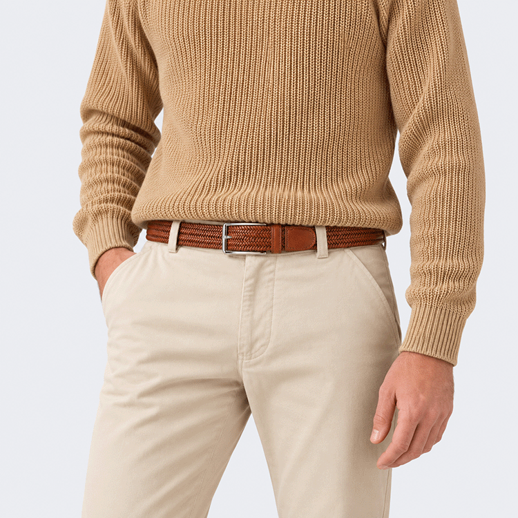 Brown Litmus men’s leather belt with woven construction and a polished metal buckle
