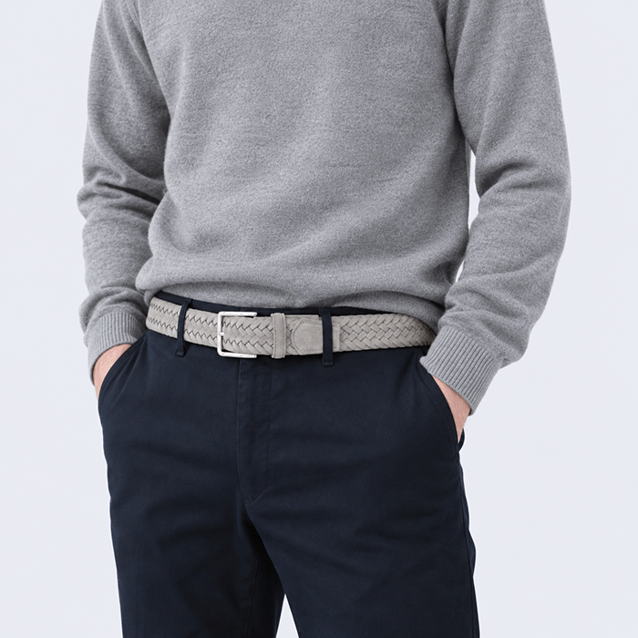 Gray Newton men’s suede belt with woven texture and a polished metal buckle