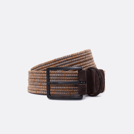 Woven men's belt with a brown pattern and black buckle 