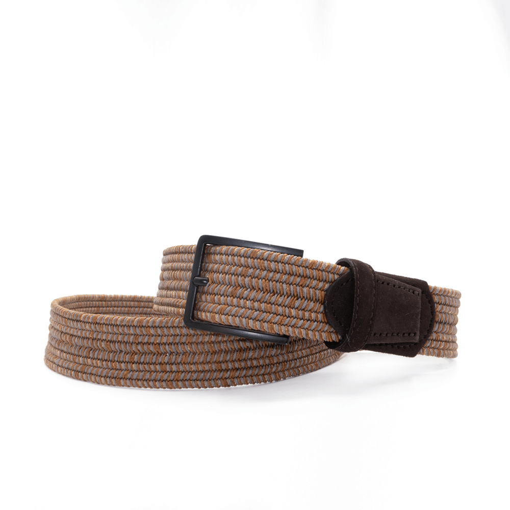 Brown woven men's belt with a black buckle