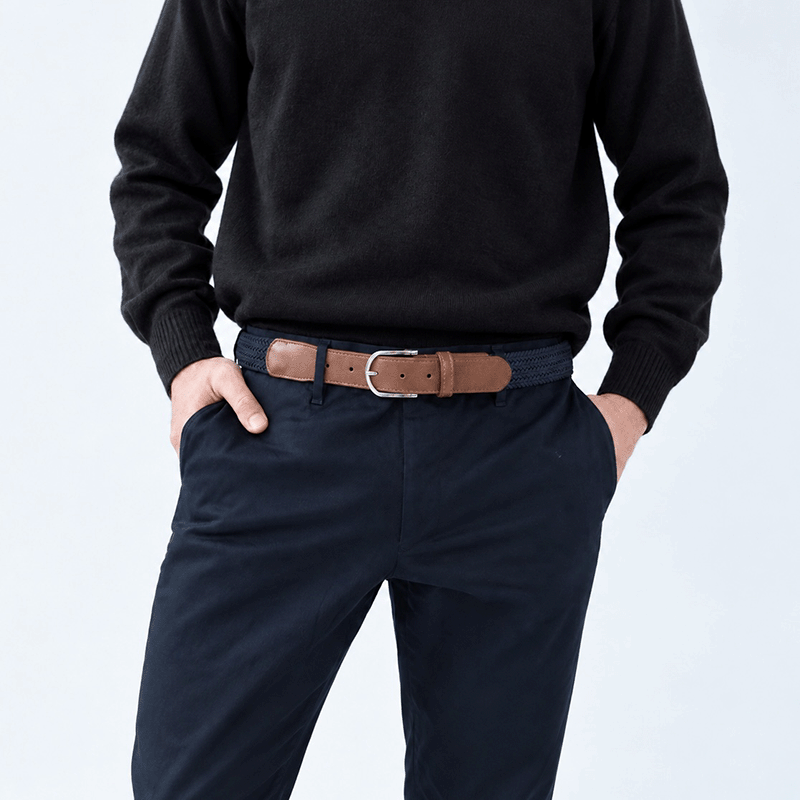 Navy Wavelength men’s woven belt with flexible textured construction and a metal buckle