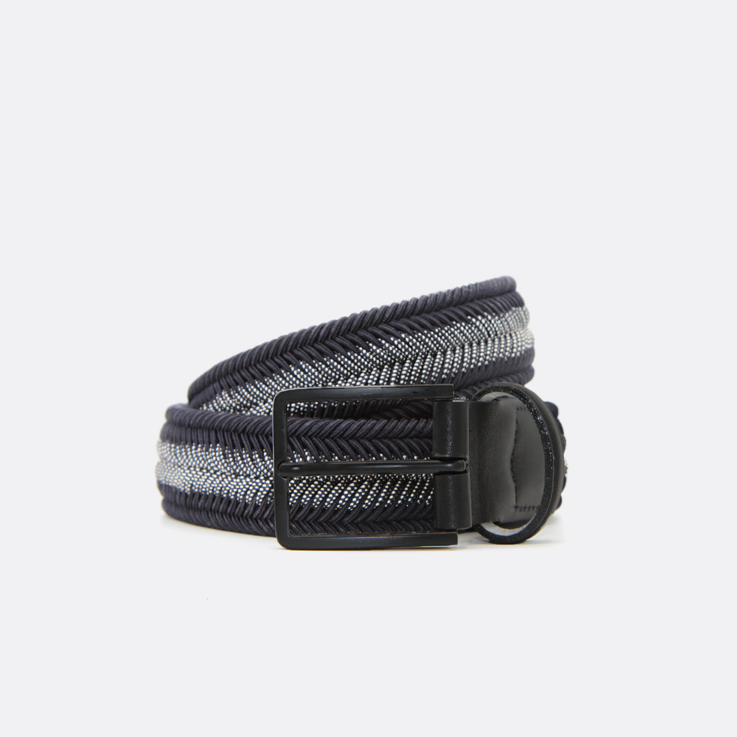Arrow Navy Men's Belt by Beltology: navy and off-white with black leather trim and matte black buckle.