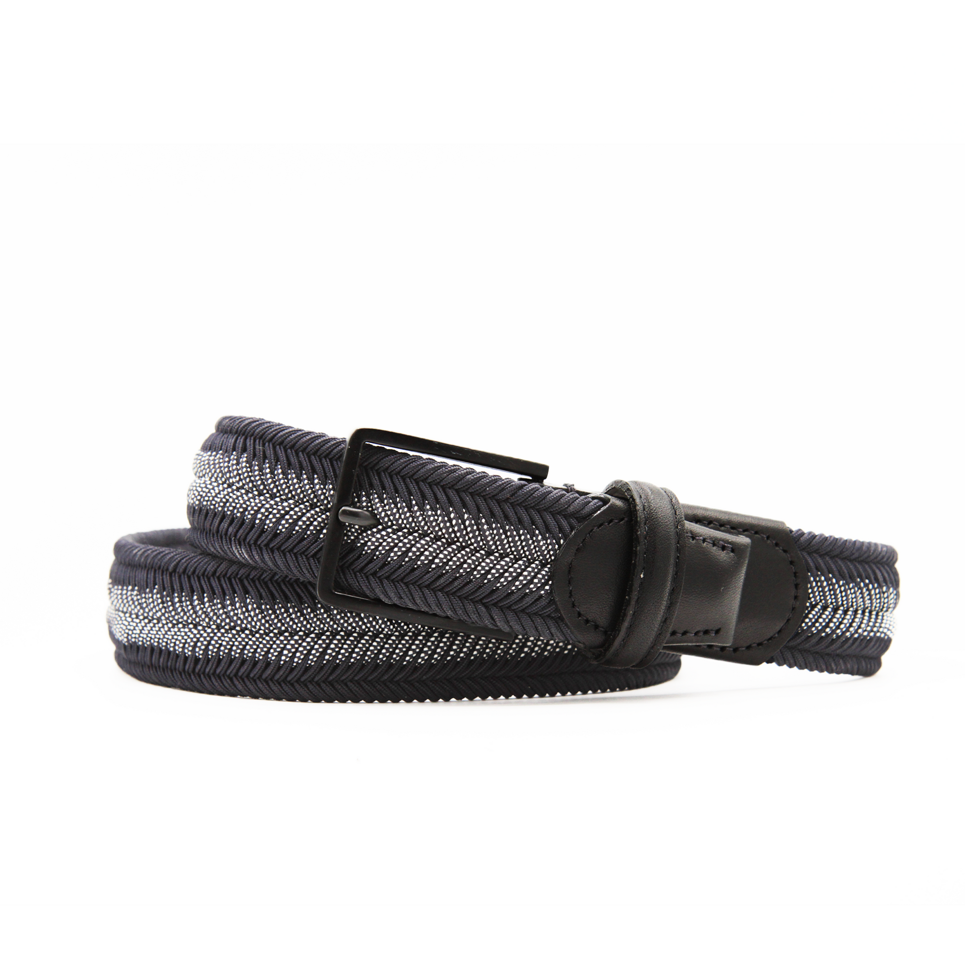 Arrow Navy Men's Belt by Beltology: navy and off-white with black leather trim and matte black buckle.